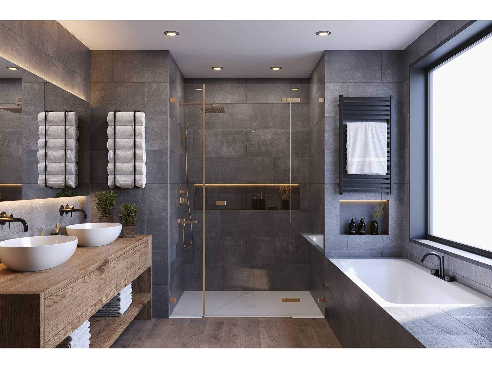 Mit «Viva» zeigt sich die Dusche als Teil eines durchdachten Farbkonzepts. Die Pendeltür ist in Sonderfarben erhältlich, ihre veredelten Beschläge greifen Oberflächen von Armaturen auf und schaffen so eine ruhige, elegante Einheit. DUSCHOLUX.