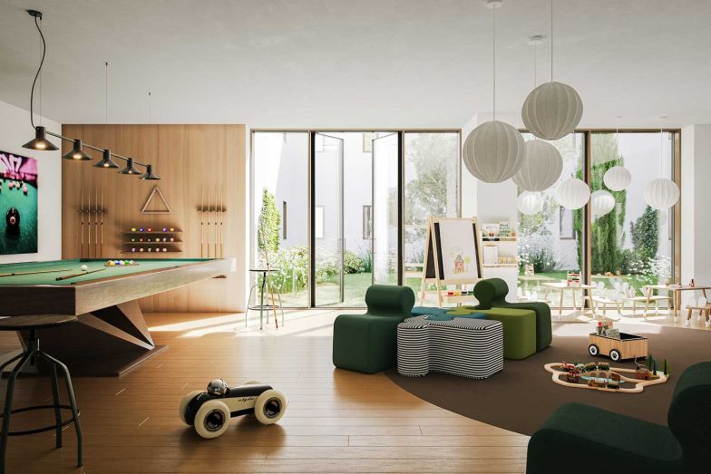 Gemeinschaftsräume und ein Kindergarten sind geplant.