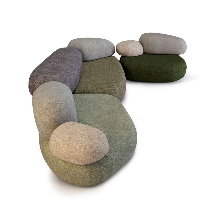 «Pebble Rubble» heisst die neuste Sitzmöbelkollektion des schwedischen Designduos Front, die ihr Vorbild in von Wasser geschliffenen Steinen findet. 16 neue Textilien stehen für 15 Module zur Verfügung, deren Entwicklung mit dem digitalen Scannen natürlicher Oberflächen ihren Anfang nahm.