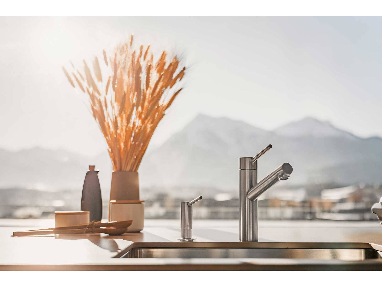 «Alterna ferris» heisst die neue Armatur aus massivem Edelstahl. Dank ihrer zeitlosen Gestaltung ist sie zum idealen Pendant zu Edelstahl- oder Granitspülen. Sie ist resistent gegen Feuchtigkeit und Reinigungsmittel, ­rostfrei, korrosionsbeständig und zu 100% recycelbar. Mit Schwenkauslauf und optional auch mit Auszugsbrause erhältlich. SANITAS TROESCH.